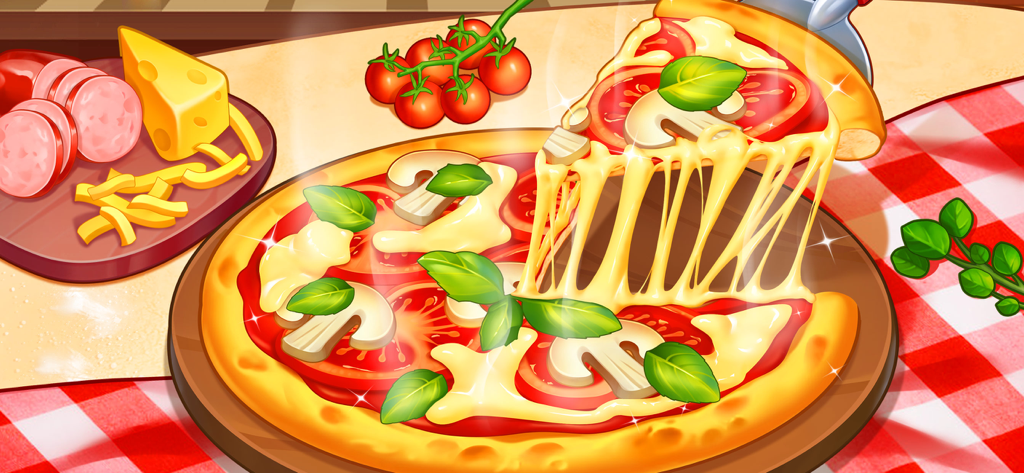 A vibrant illustration of a cheesy pizza with mushrooms and basil on a red checkered tablecloth from the Cooking Diner game.