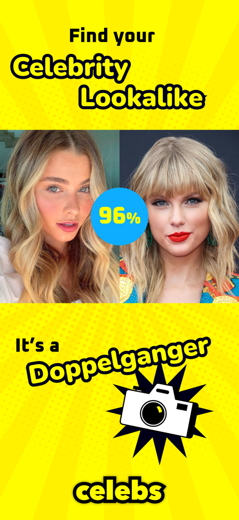 Screenshot of the Celebs app showing a side-by-side photo comparison of a user and Taylor Swift with a ninety-six percent match score
