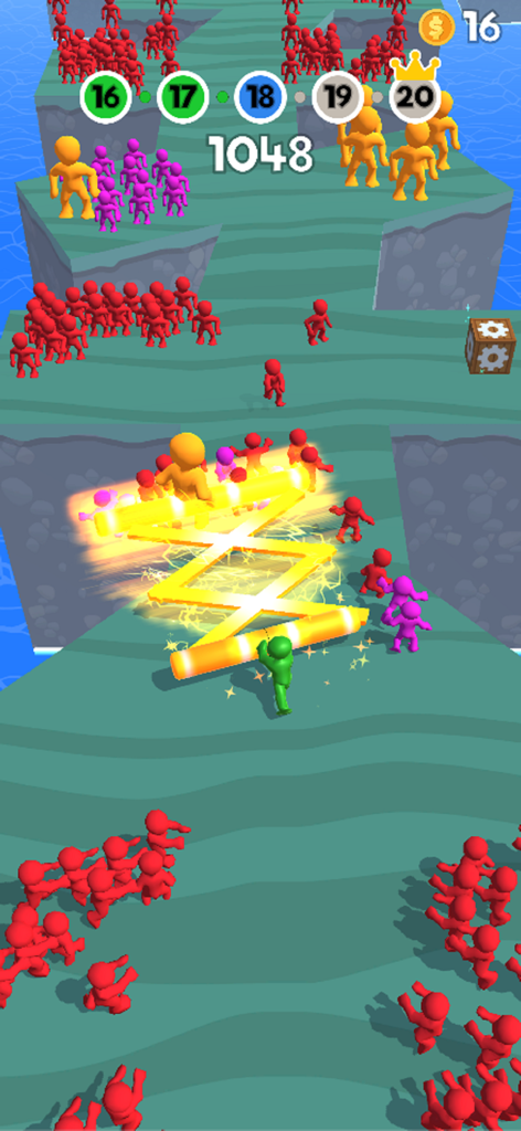 A green character using a large yellow stick to push colorful enemies off a platform in the Push em all game