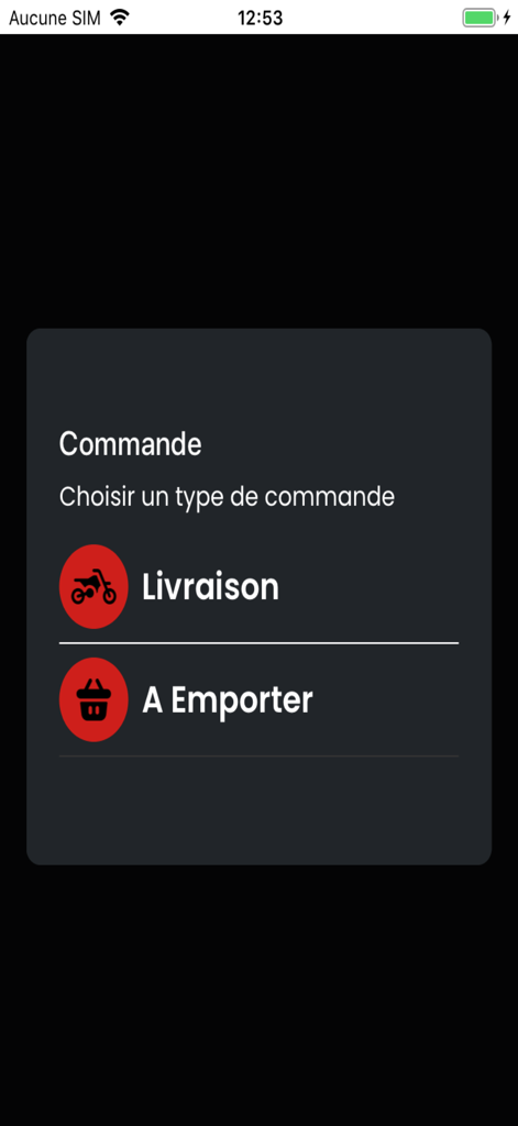 Interface de l'application Pizza Presto Maule montrant les options de choix entre livraison et commande à emporter avec des icônes rouges