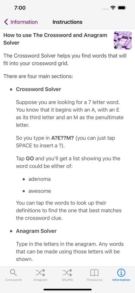 Instructions screen for the Crossword and Anagram Solver app explaining how to use the search features