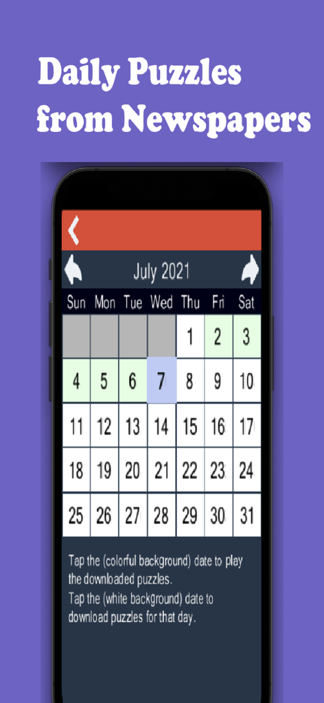 Crossword Daily: Word Puzzle - Crossword Daily app calendar interface showing available daily newspaper puzzles by date