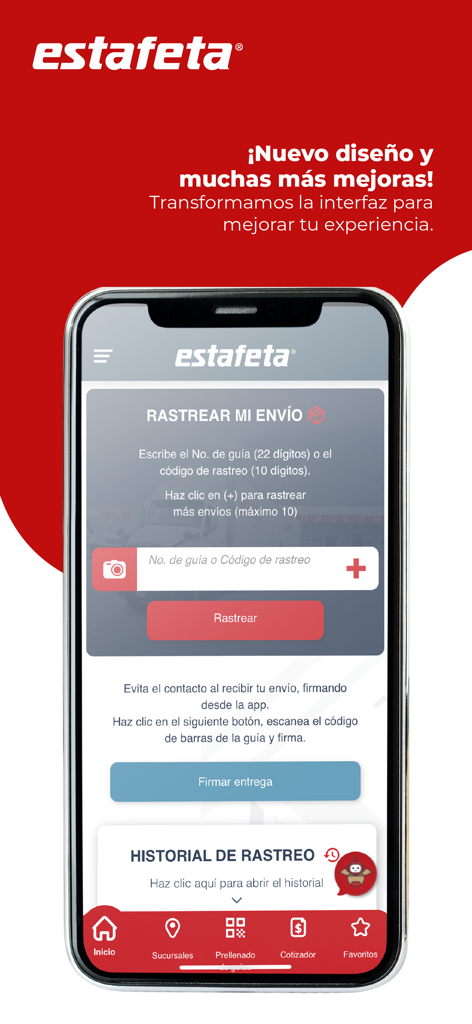Interface do aplicativo Estafeta móvil para rastrear envios e assinar digitalmente por entregas