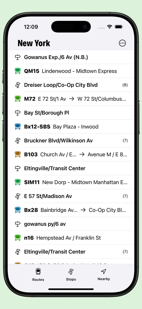 Transit: offline schedules - Transit offline schedules app interface showing a list of bus routes and stops in New York City