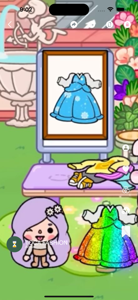 Toca Boca fashion design ideas - A Toca Boca character with purple hair showcasing fashion design ideas and a blue snowflake dress