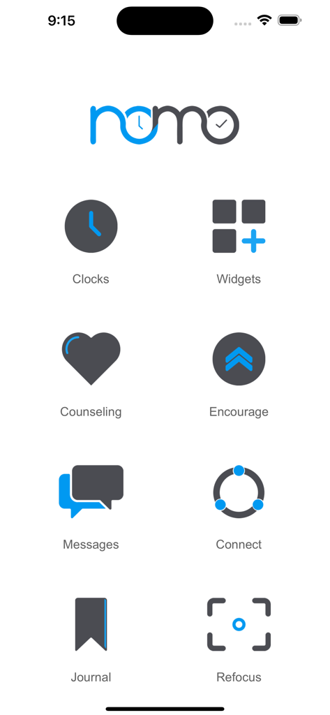 Nomo -  Sobriety Clocks - Main dashboard of the Nomo sobriety app showing icons for clocks widgets counseling and encouragement features
