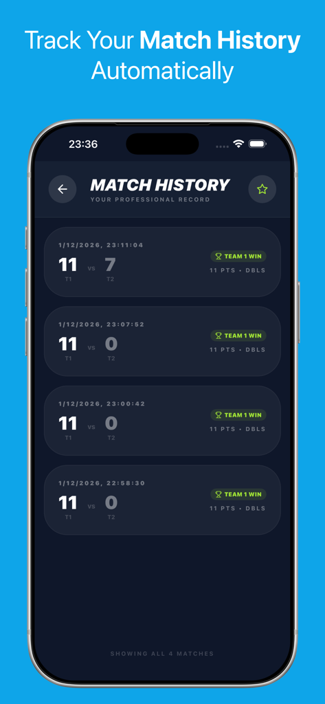 Pickleball Score Counter - A screenshot of the Pickleball Score Counter app showing a detailed list of past match results with final scores and team winners