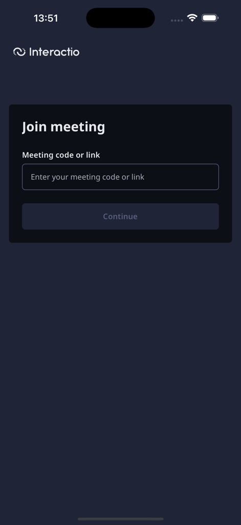 Interactio - The join meeting screen in the Interactio app showing an input field for a meeting code or link