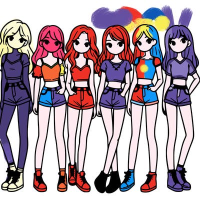 a group of girls wearing crop tops and shorts