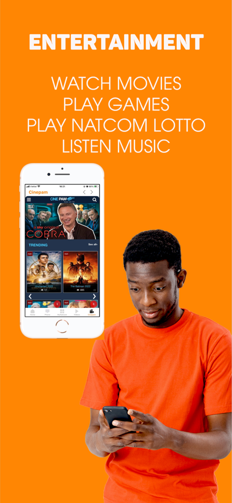 My Natcom – Your Digital Hub - A young man using the My Natcom app for movie streaming and entertainment services