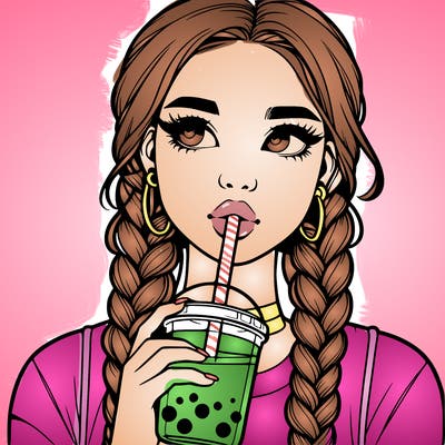 realistic girl with braided hair drinking boba