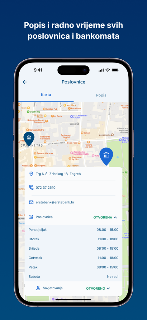 Map view in the Erste mBanking app showing bank branch locations and detailed working hours