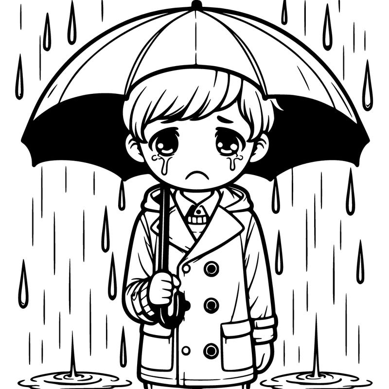 a sad realistic person with an umbrella in a raincoat in the pouring rain