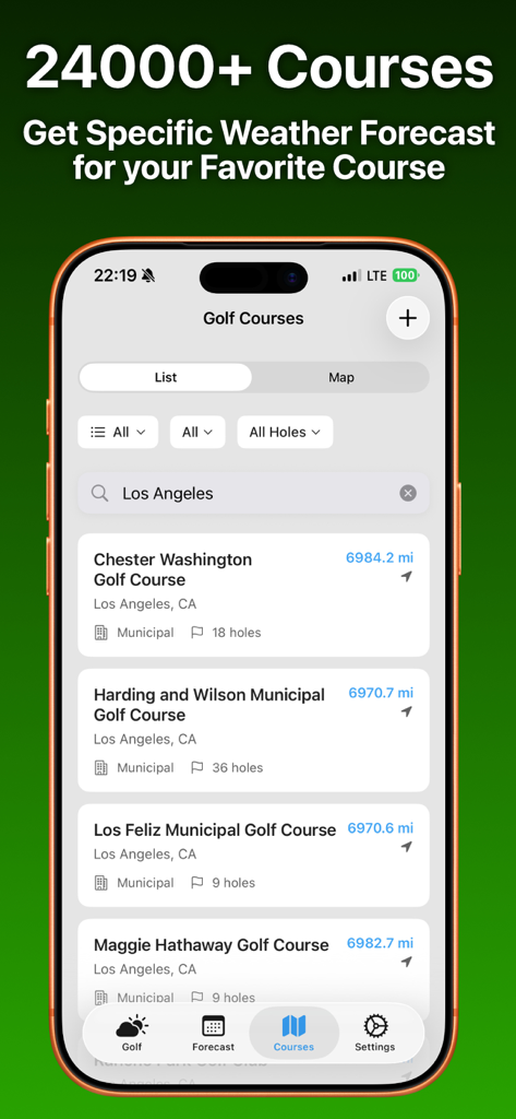 Search interface in the Golf Weather app showing a list of 24000 plus courses for location specific weather forecasts