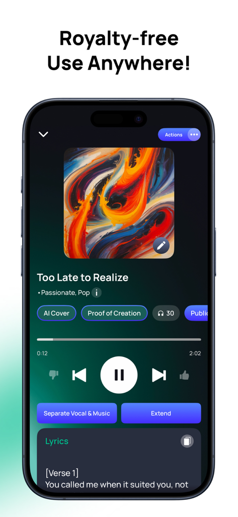 Interface do aplicativo Donna AI mostrando um reprodutor de música com criação e edição de músicas isentas de royalties