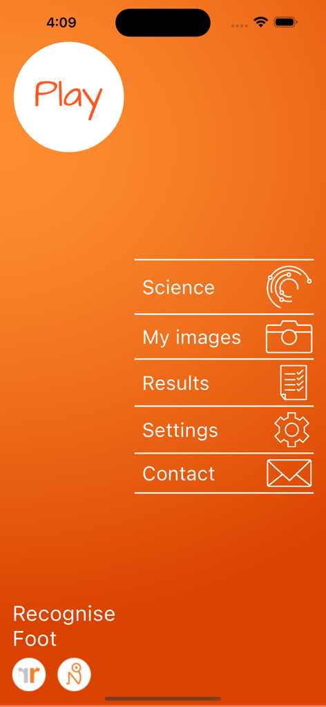 Main menu of the Recognise Foot app showing options for Play, Science, My Images, and Results on an orange background.