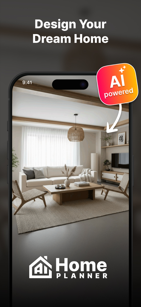 AI Home Planner – Design App - Interfaz de la aplicación Planificador Hogar IA mostrando un diseño de sala de estar moderna en la pantalla de un smartphone
