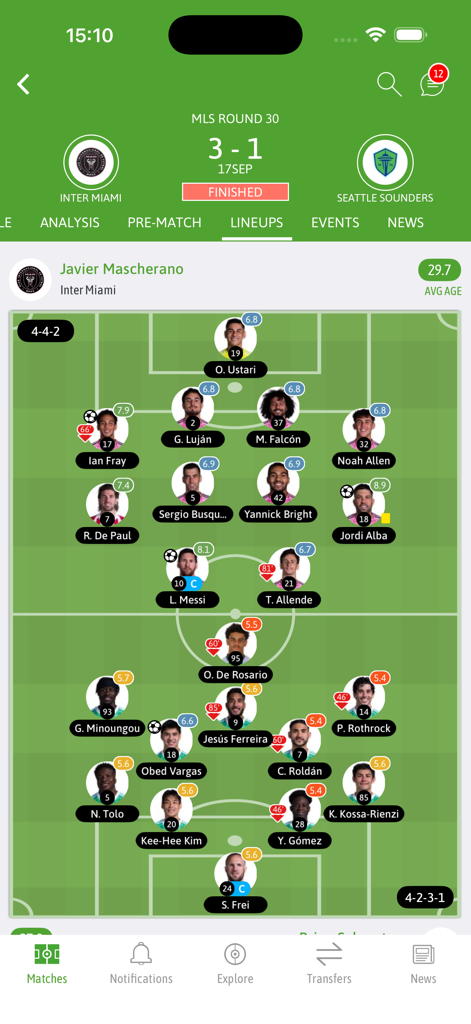 BeSoccer: Soccer Live Score - Capture d'écran de l'application BeSoccer affichant les compositions d'équipe et les notes des joueurs pour un match de MLS entre l'Inter Miami et les Seattle Sounders.