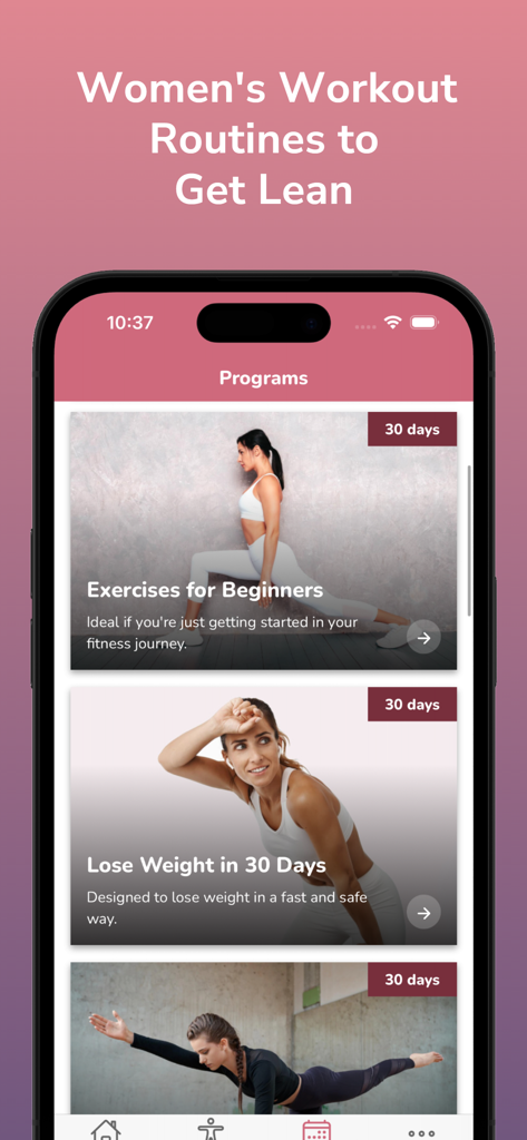 Abs, Butt & Thighs Workout - Smartphone screen showing women workout routines for beginners and weight loss