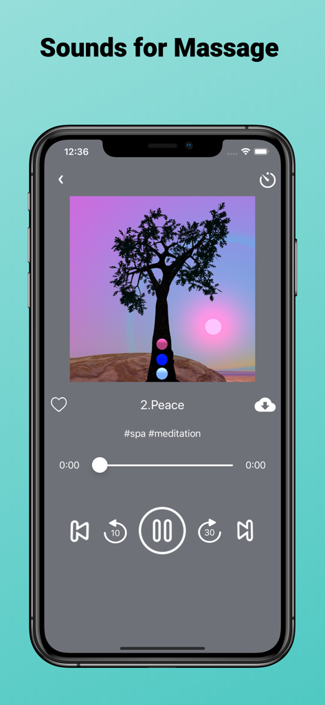 Spa Music Relax Sounds app interface playing a peaceful meditation track for massage