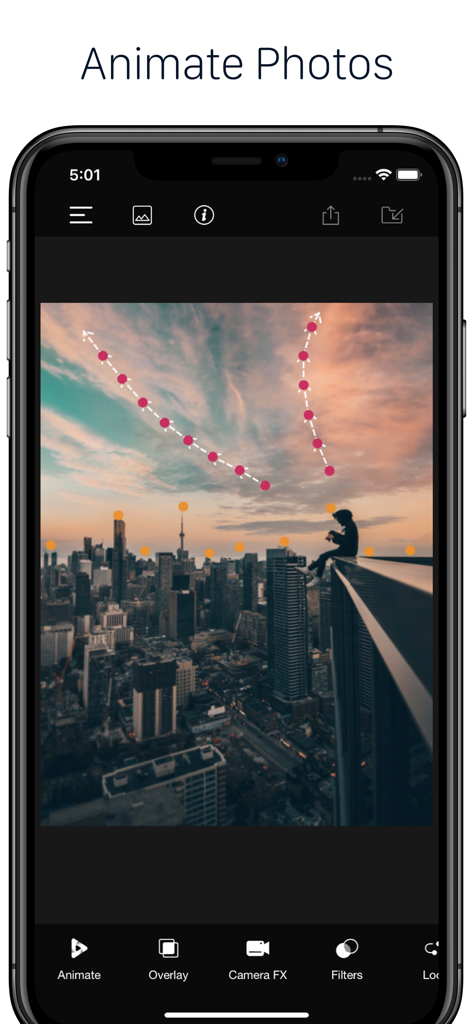 PixaMotion 3d Photo Video Loop - User interface of PixaMotion app showing motion paths on a cityscape photo for animation.
