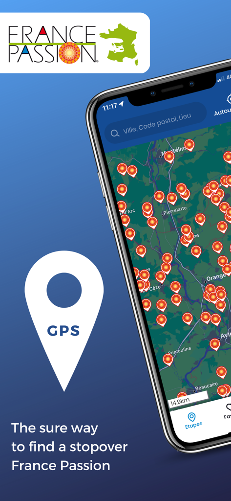 Un smartphone mostrando el mapa de la aplicación France Passion con numerosos pines indicando paradas disponibles en la Francia rural.
