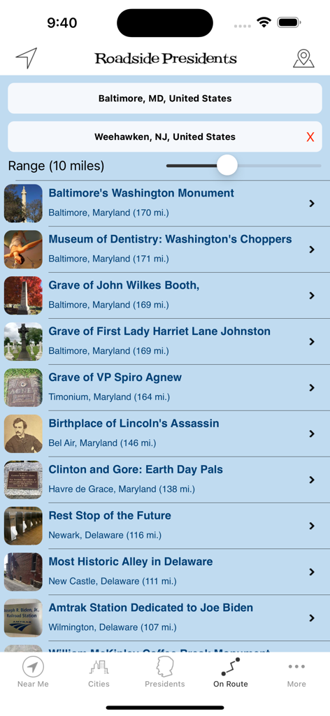 Roadside Presidents - Roadside Presidents app screenshot showing presidential attractions on a route between Baltimore and Weehawken.