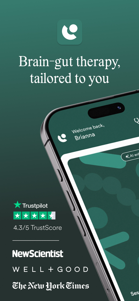 Nerva App-Startbildschirm mit der Überschrift Gehirn-Darm-Therapie und Mediensponsoren wie The New York Times und New Scientist