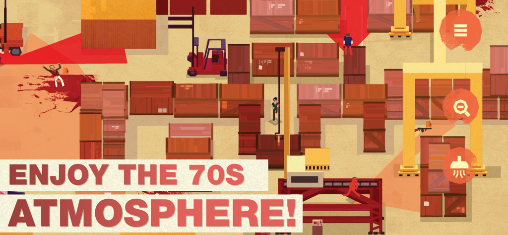 Serial Cleaner - Vista cenital del juego Serial Cleaner en una escena del crimen de un almacén de los años 70.