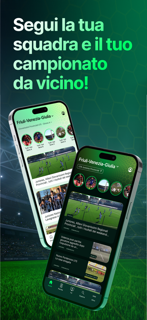 Two iPhones displaying the Tuttocampo app interface with news and results for local Italian soccer leagues
