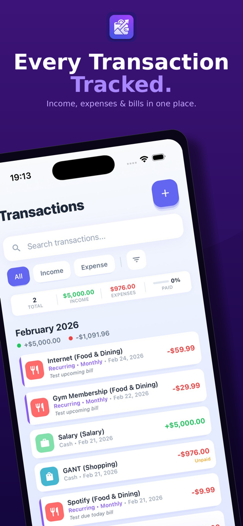 SpendWise mobile app interface showing a list of tracked expenses and income transactions
