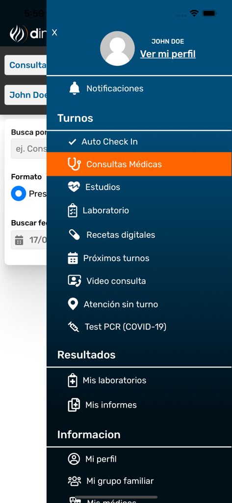 DIM SALUD Turnos y Resultados - Menu di navigazione laterale dell'app DIM SALUD che mostra opzioni per appuntamenti medici, risultati e gestione familiare in spagnolo.