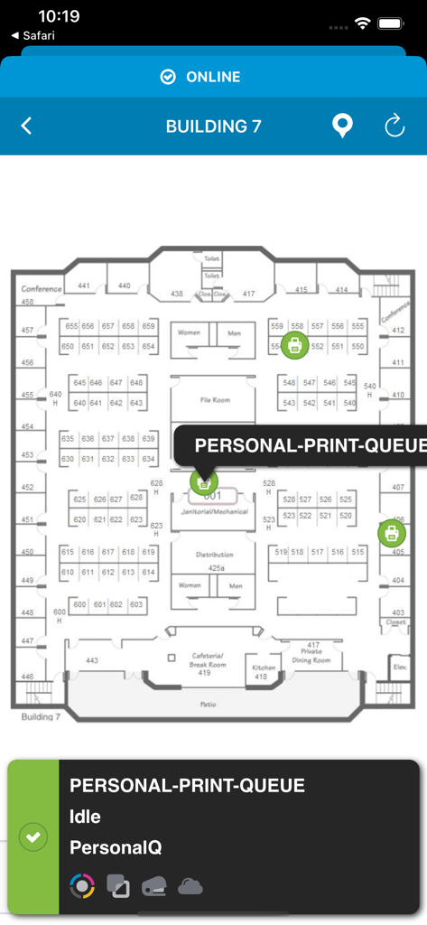 HP Advance - A corporate office floor plan map inside the HP Advance app showing available printer locations and a personal print queue status.