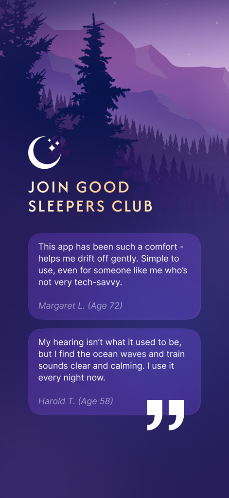 White Noise ASMR Sleep Sounds - Testimonios de usuarios para la aplicación Sonidos para Dormir ASMR de Ruido Blanco de los usuarios mayores Margaret y Harold.