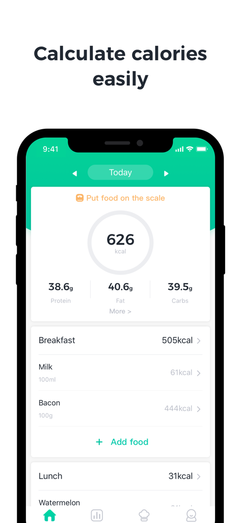 Mobile app interface for Foodiet showing daily calorie count and macronutrient breakdown for protein fat and carbs