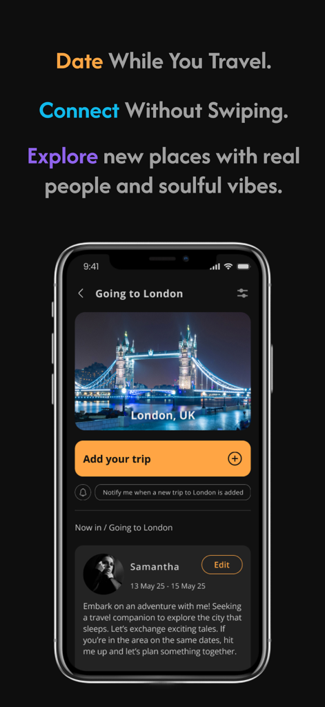 Flute - Love & Life Companion - Interfaccia dell'app Flute che mostra una funzionalità per incontrare e connettersi con altri durante un viaggio a Londra