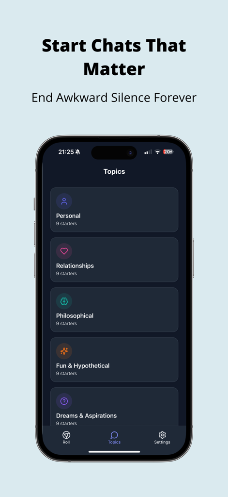 Conversation Starter App - Screenshot of the Conversation Starter App showing various question categories like Personal Relationships and Philosophical
