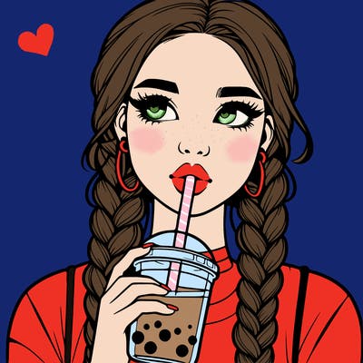 realistic girl with braided hair drinking boba