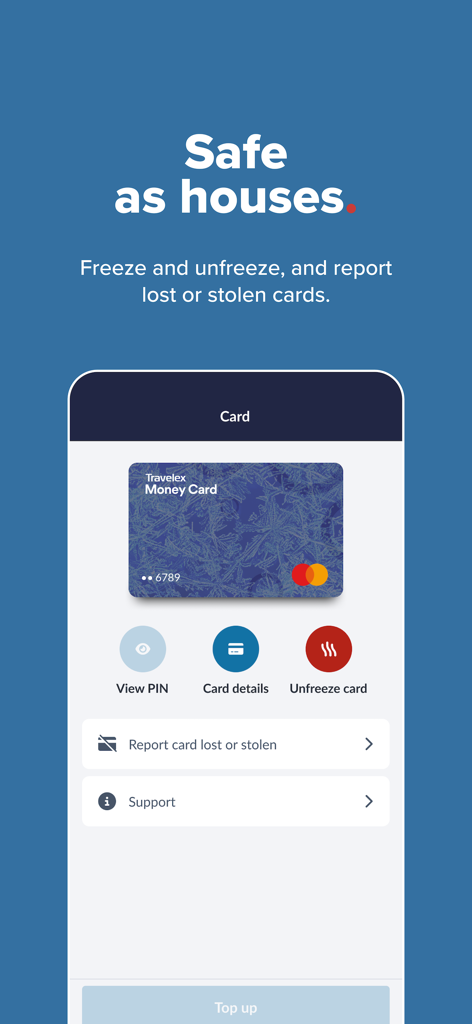 Travelex Travel Money - Travelex app screen showing options to freeze or unfreeze a travel money card and report it lost or stolen