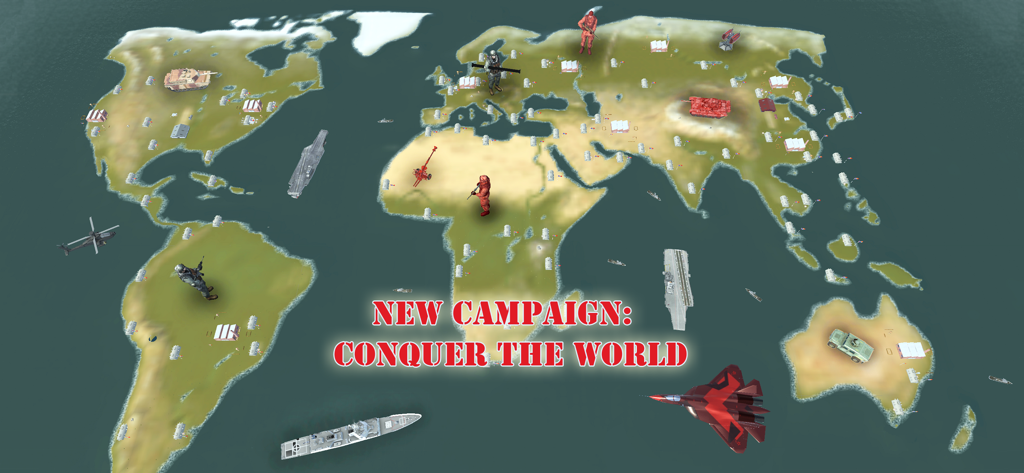 Battle 3D - Strategy game - A global map showing military units with the text New Campaign Conquer the World
