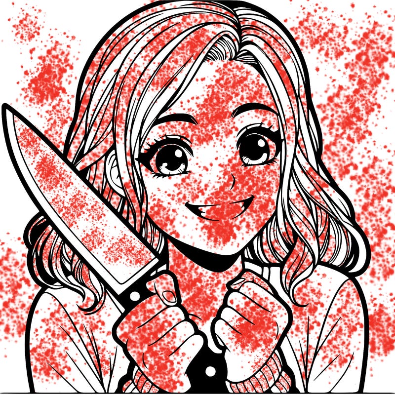 a realistic girl holding a knife and grinning