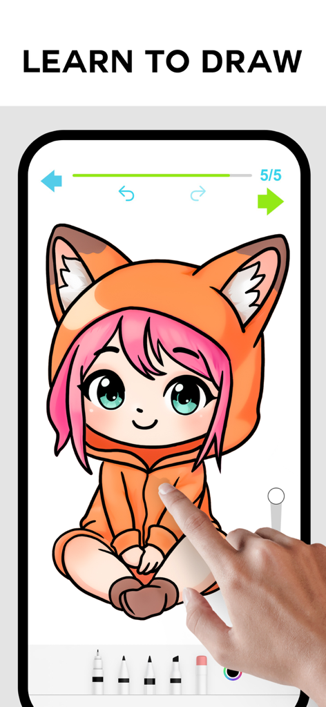 DrawingVibe: Learn how to draw - A user interacting with the DrawingVibe app to learn how to draw a cute anime girl in a fox hoodie.