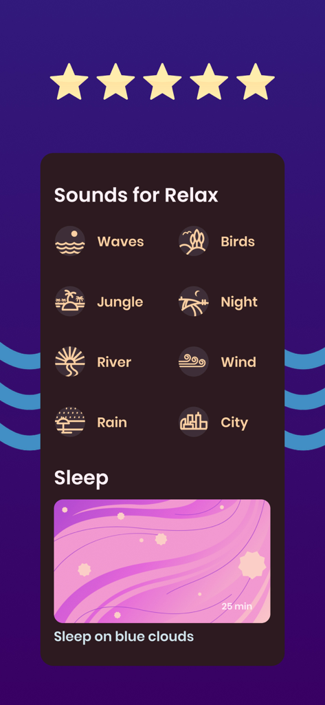 Sleep & Meditation with Zendo - Oberfläche der Zendo-App mit entspannenden Naturgeräuschen und Optionen für Schlafmeditation.