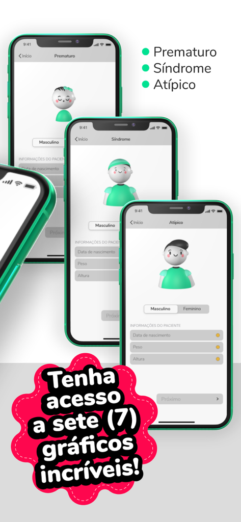 Graphi - Telas do aplicativo móvel mostrando perfis especializados de rastreamento de crescimento para bebês prematuros e crianças com Síndrome de Down.