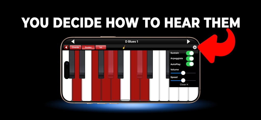 Piano Chords & Scales - Interface of the Piano Chords and Scales app highlighting custom playback settings like volume and speed