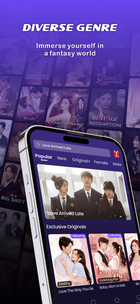 Myst Series-make a drama wish - Smartphone affichant l'interface de l'application Myst Series avec une collection de titres de dramas courts romantiques et une barre de recherche.