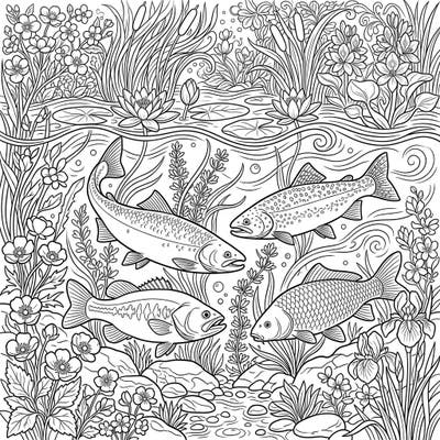 Dive into the vibrant world of freshwater fish with this beautiful coloring page, celebrating the fresh new life of spring. Featuring diverse species like trout, bass, and carp amidst blooming aquatic flora, it's perfect for a relaxing and educational coloring session.