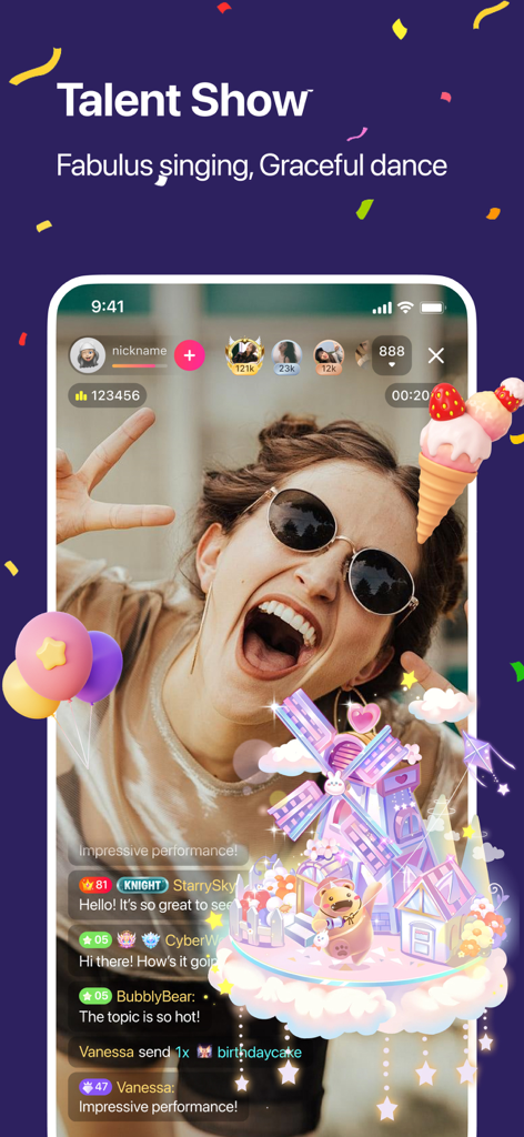 Supermeet - Interface of Supermeet app showing a creator live streaming a talent show with virtual gifts and user chat