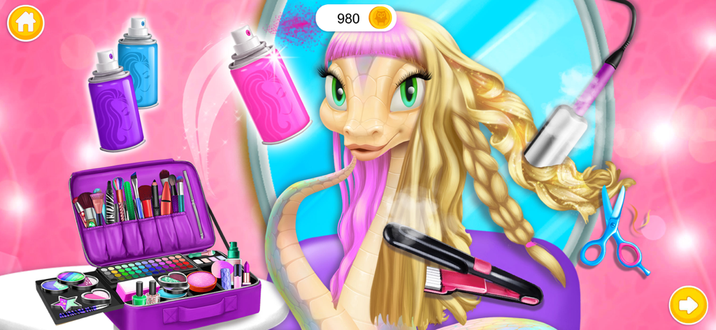 A snake character with long blonde hair being styled in a colorful beauty salon with makeup and hair tools
