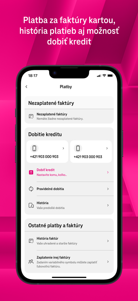 Telekom - Interfaz móvil de la aplicación Telekom que muestra las opciones de pago de facturas y recarga de crédito.